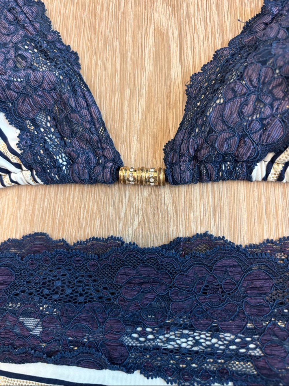 BEACH BUNNY Y2K FIRST MATE 2 PIECE BIKINI SET STRIPES LACE NAVY BLUE MEDIUM LRG - Picture 3 of 6